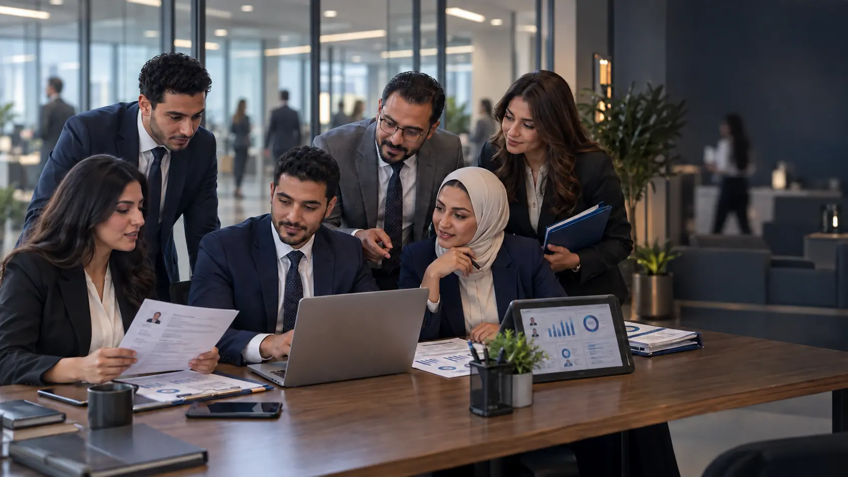 Six Egyptian HR professionals reviewing recruitment, personnel, payroll and performance work inside a modern workplace